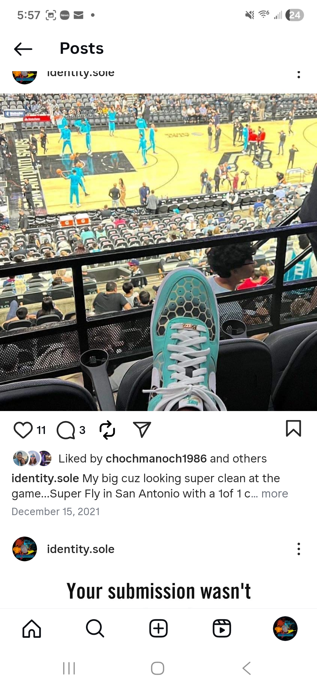 Custom teal and white Nike sneaker at Spurs game