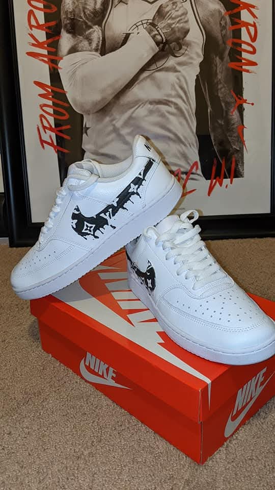 White Nike Air Force 1 with custom LV drip design